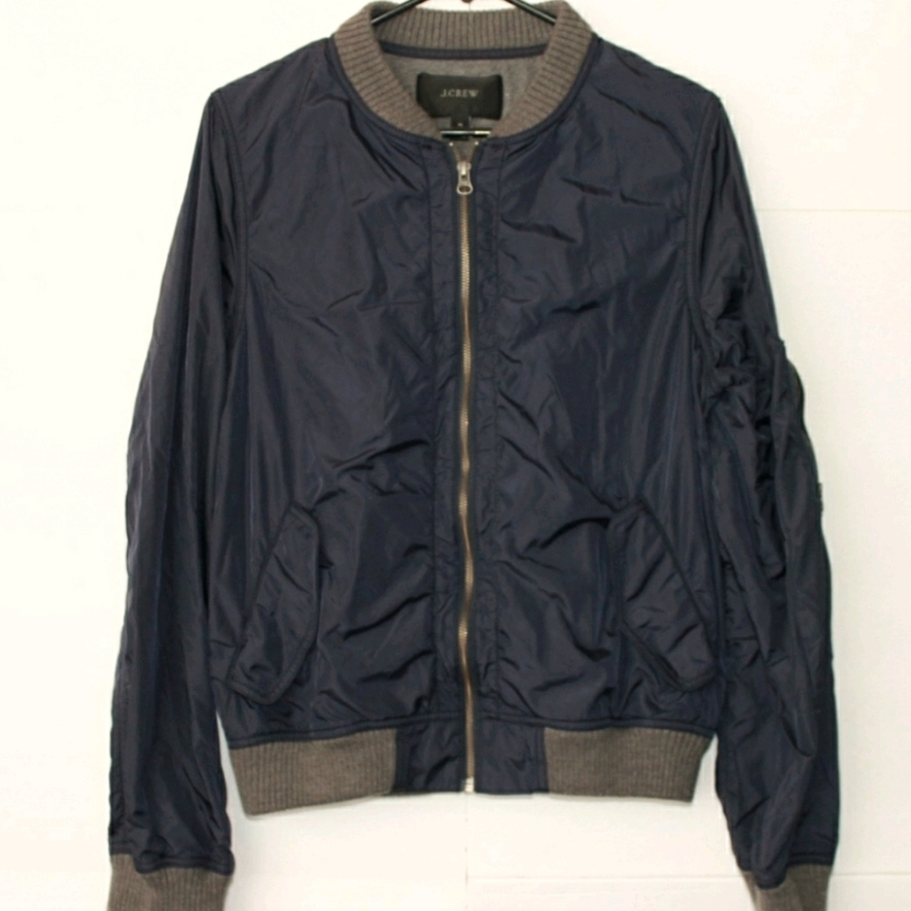 J.Crew Navy and Grey Relaxed Bonded Nylon Bomber Full Zip Jacket Size Small